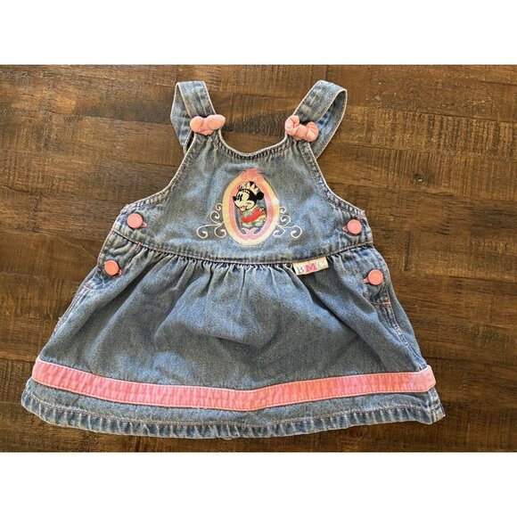 Vintage Baby Mickey Co Minnie Mouse Denim Baby Dress 12 Month Embroidered Patch - Picture 1 of 11